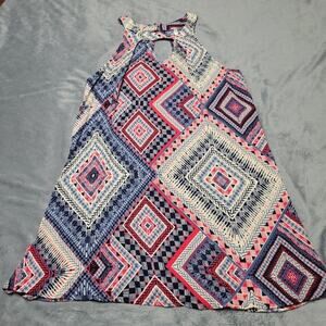 Mittoshop Dress Womens Small Blue Red Boho Sleeveless Mini Rayon Top Button Back